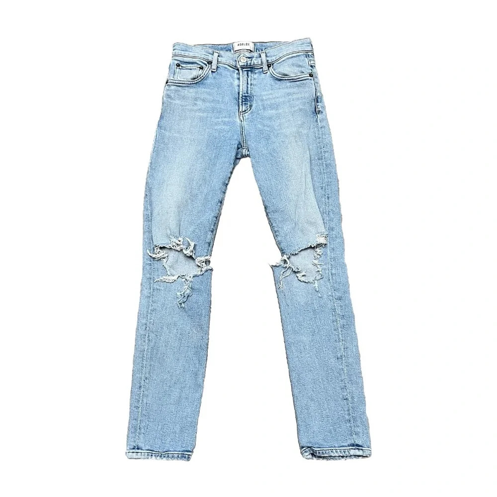 Agolde Blue Straight Leg Distressed Jeans